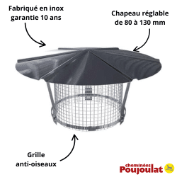 Chapeau chinois inox réglable de 80 à 130 mm anti-oiseau Poujoulat