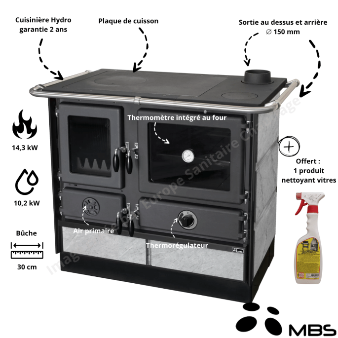Cuisinière à bois 14,3 kW Hydro Ragnar Ollaire MBS