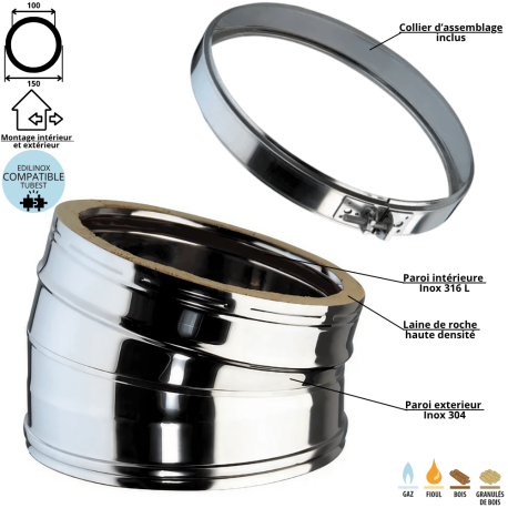 Coude 15 degrés conduit double paroi isolé Edilinox - Diamètre 100 mm