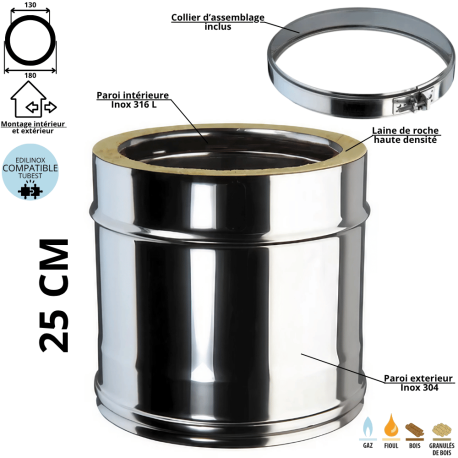 Élément 25 cm conduit double paroi isolé Edilinox - Diamètre 130 mm