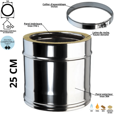 Élément 25 cm conduit double paroi isolé Edilinox - Diamètre 180 mm