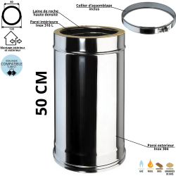 Elément 50 cm conduit double paroi isolé Edilinox - Diamètre 80 mm
