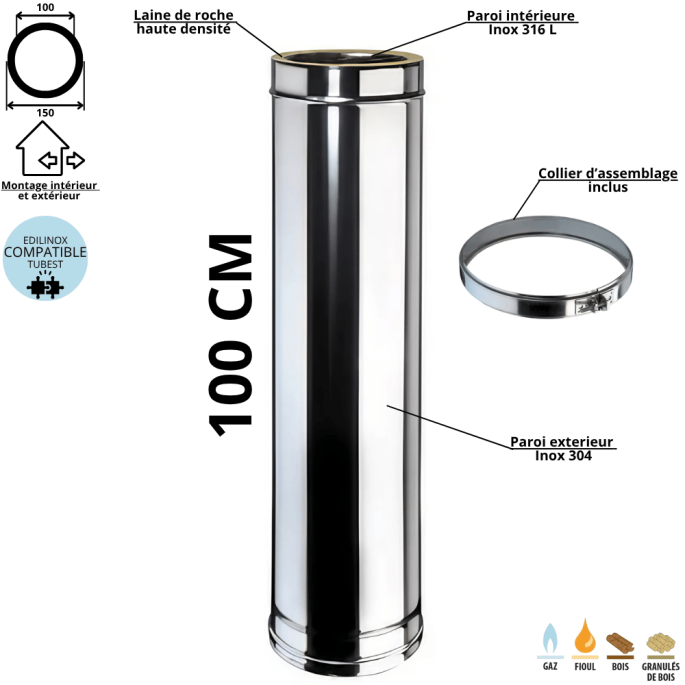 Élément 100 cm conduit double paroi isolé Edilinox - Diamètre 100 mm
