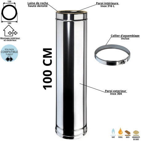 Élément 100 cm conduit double paroi isolé Edilinox - Diamètre 130 mm