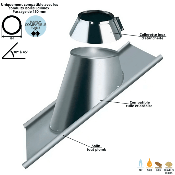 Solin plomb 30 à 45 degrés conduit double paroi isolé Edilinox - Diamètre 100 mm
