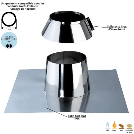Solin toit plat inox conduit double paroi isolé Edilinox - Diamètre 130 mm