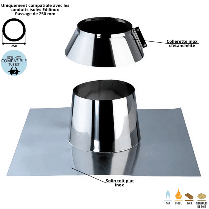 Solin toit plat inox conduit double paroi isolé Edilinox - Diamètre 200 mm