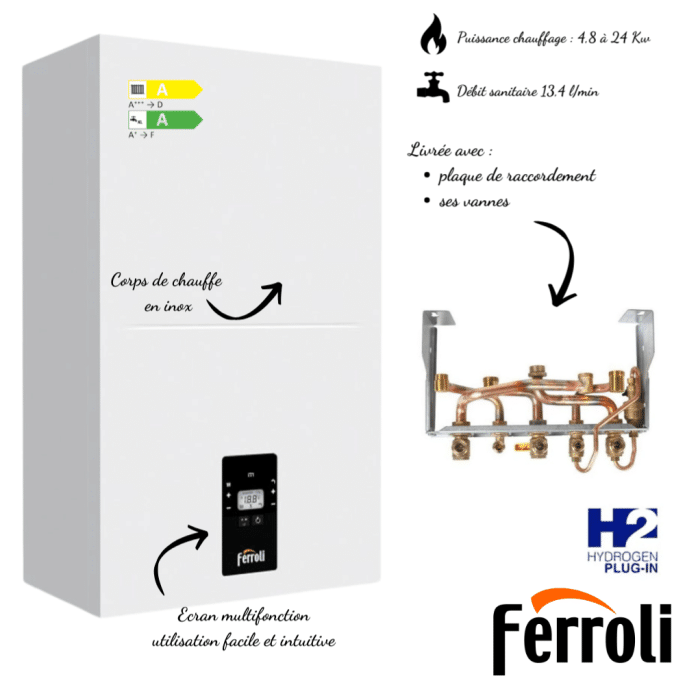 Chaudière gaz Ferroli Bluehelix Alpha 28C complète (Ventouse + fixation)