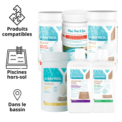 Pack produit Bayrol Piscine hors-sol : 5 fonctions 1kg, Choc 1kg, pH plus 1kg, pH minus 1,5kg, Anti-algues 1L, Floculant x8 Pack produit Bayrol Piscine hors-sol : 5 fonctions 1kg, Choc 1kg, pH plus 1kg, pH minus 1,5kg, Anti-algues 1L, Floculant x8