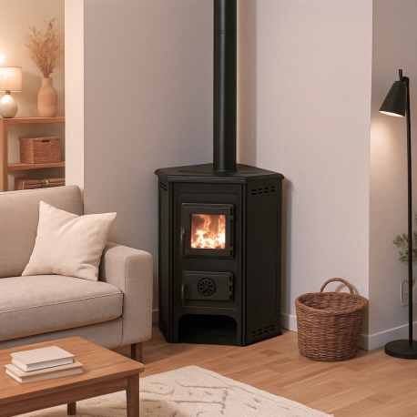 Poêle à bois 6,1 kW Nora Angle MBS avec plaque de cuisson