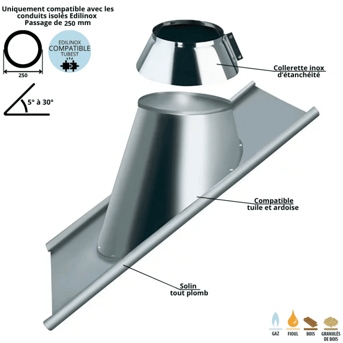Solin plomb 5 à 30 degrés conduit double paroi isolé Edilinox - Diamètre 150 mm