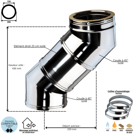 Ensemble dévoiement 2 x coudes 45 ° + 1 x 25 cm conduit double paroi isolé Ediliso25 Edilinox