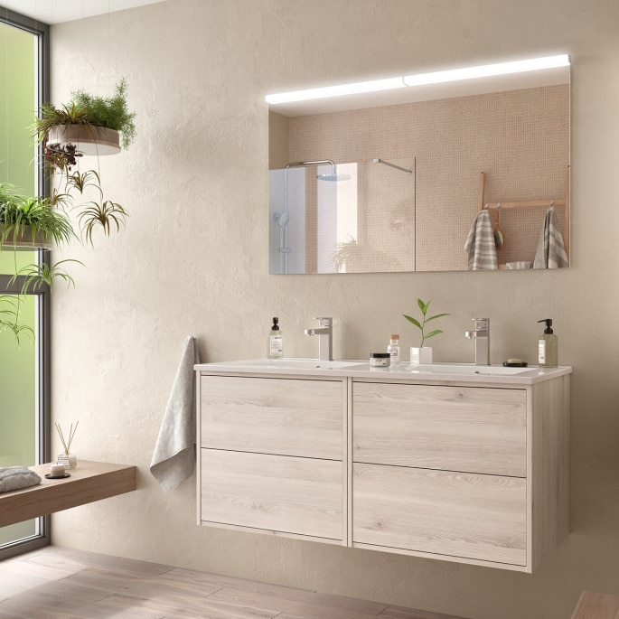 Meuble de salle de bain 120 cm avec miroir - Couleur Chêne naturel