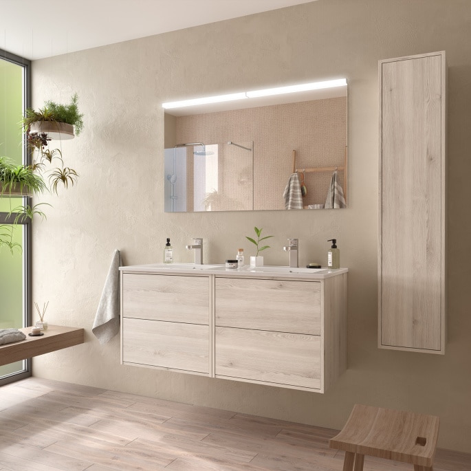 Meuble de salle de bain 120 cm avec colonne et miroir assortis - Couleur Chêne naturel
