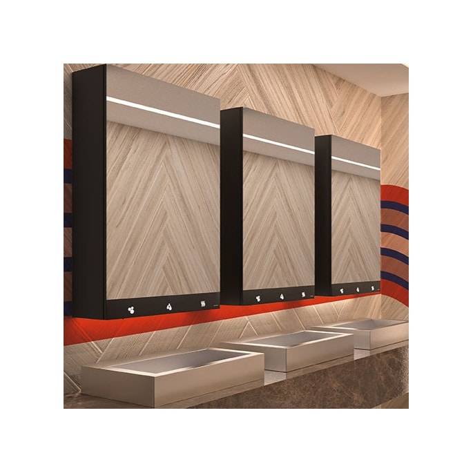 Armoire miroir 80 cm Delabie - 4 fonctions : Miroir, Robinet automatique, distributeur de savon, distributeur essuie-mains