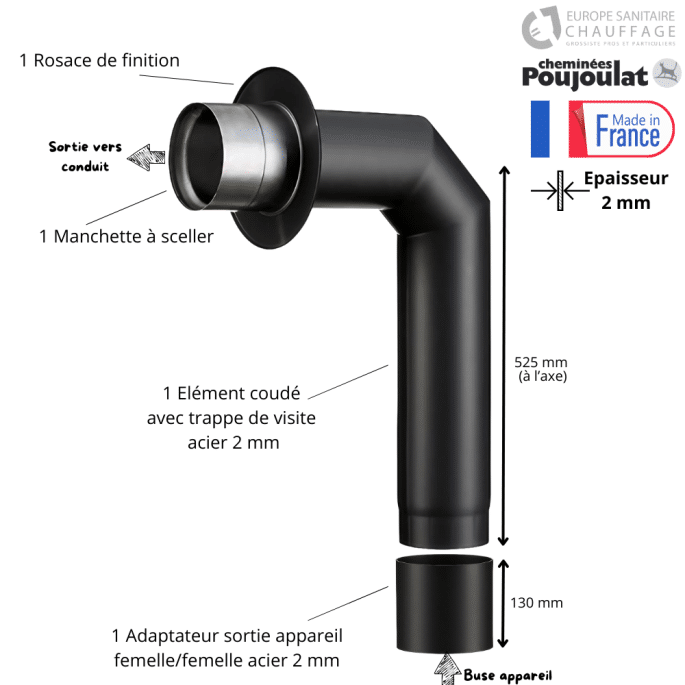 Kit raccordement poêle à bois acier 2 mm avec adaptateur Poujoulat