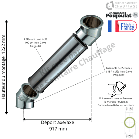 Kit 2 coudes à 45 degrés + 95 cm Inox-Galva Ø150 Poujoulat