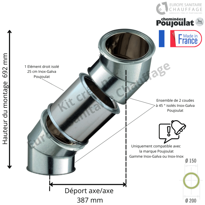 Kit 2 coudes à 45 degrés + 25 cm Inox-Galva Ø150 Poujoulat