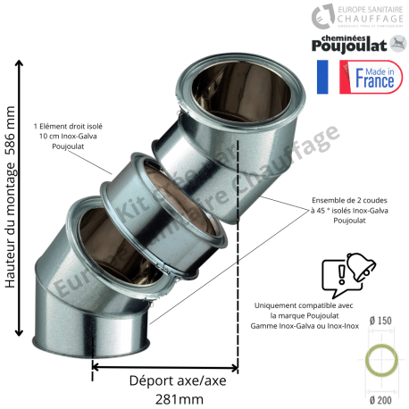 Kit 2 coudes à 45 degrés + 10 cm Inox-Galva Ø150 Poujoulat