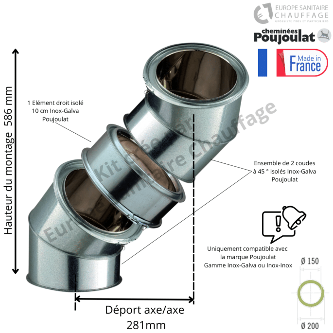 Kit 2 coudes à 45 degrés + 10 cm Inox-Galva Ø150 Poujoulat