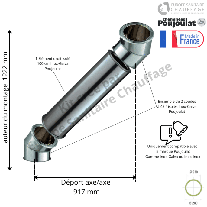 Kit 2 coudes à 45 degrés + 95 cm Inox-Galva Ø230 Poujoulat