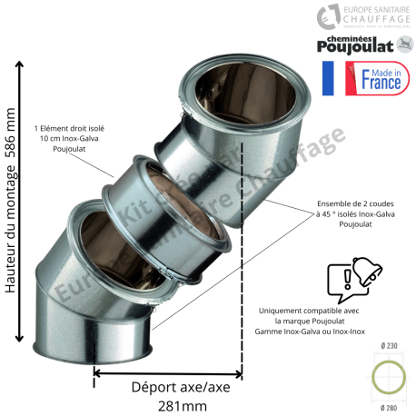 Kit 2 coudes à 45 degrés + 10 cm Inox-Galva Ø230 Poujoulat