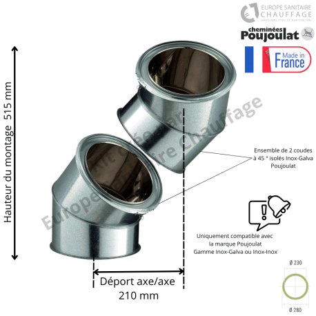 Kit 2 coudes à 45 degrés Inox-Galva Ø230 Poujoulat
