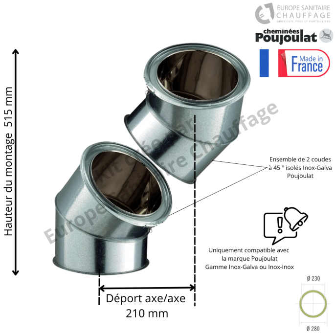 Kit 2 coudes à 45 degrés Inox-Galva Ø230 Poujoulat
