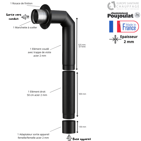 Kit raccordement poêle à bois acier 2 mm + Longueur 50 + adaptateur Poujoulat
