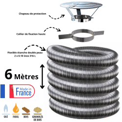Kit tubage flexible double peau inox diamètre 150 + collier + chapeau Edilinox - Longueur 6 mètres