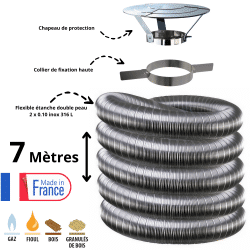 Kit tubage flexible double peau inox diamètre 150 + collier + chapeau Edilinox - Longueur 7 mètres