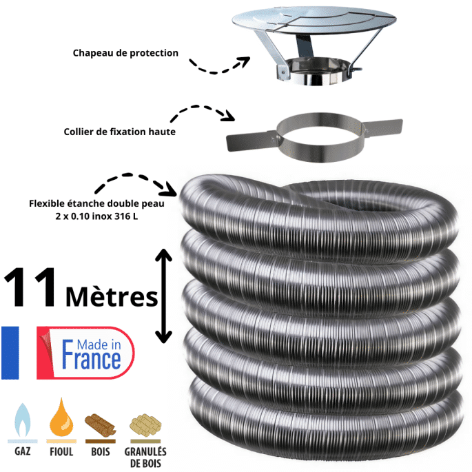 Kit tubage flexible double peau inox diamètre 180 + collier de fixation haute + chapeau Poujoulat