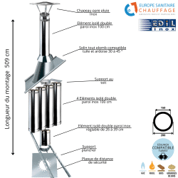 Kit conduit double paroi isolé sortie toiture Ediliso25 Edilinox - Longueur 509 cm