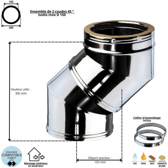 Ensemble dévoiement 2 x coudes 45 ° conduit double paroi isolé Ediliso25 Edilinox