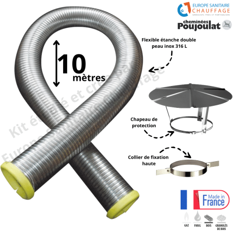 Kit tubage flexible double peau inox + collier de fixation haute + chapeau Poujoulat