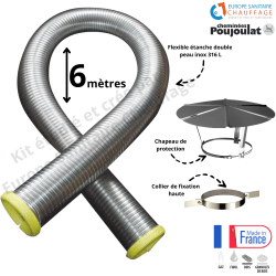 Kit tubage flexible double peau inox diamètre 150 + collier de fixation haute + chapeau Poujoulat - Longueur 6 mètres