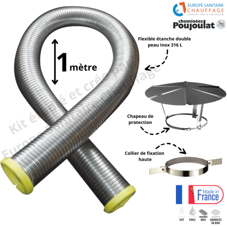 Kit tubage flexible double peau inox + collier de fixation haute + chapeau Poujoulat