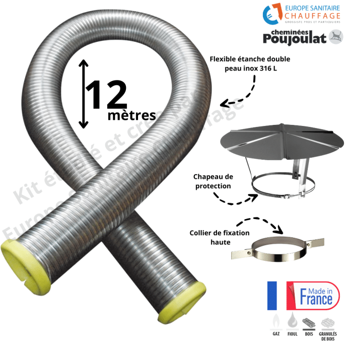 Kit tubage flexible double peau inox + collier de fixation haute + chapeau Poujoulat