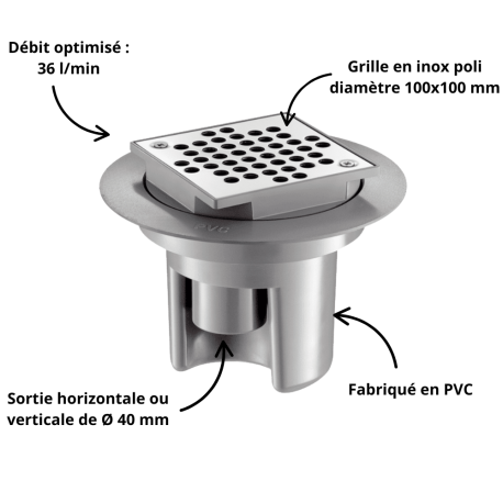 Siphon de sol à hauteur réglable avec grille inox Delabie 