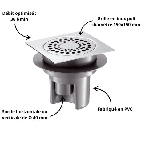 Siphon de sol à hauteur réglable avec grille inox Delabie 