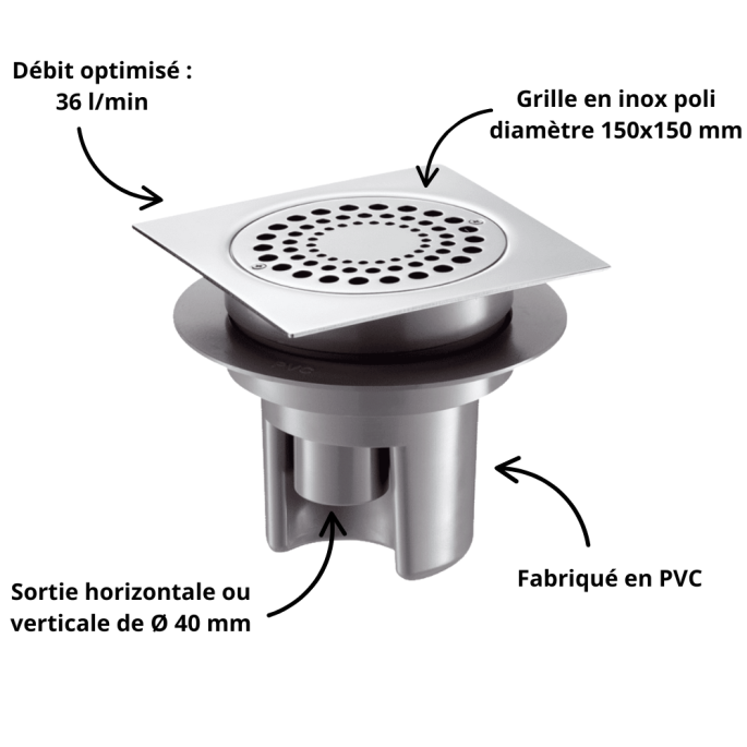 Siphon de sol à hauteur réglable avec grille inox Delabie 