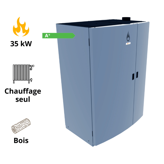 Chaudière bois-bûche THORUS 35 kW à combustion inversée assistée par extracteur HS France