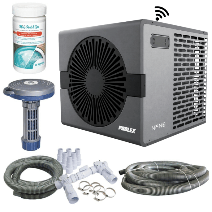 Pack Pompe à chaleur Piscine Poolex Nano réversible 4 kW+By pass+3 mètres tuyau+Chlore 5 fonctions Bayrol+Diffuseur produit