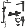 Ensemble Mitigeur lavabo + Colonne de douche + Mitigeur Bain + Support douchette Noir mat