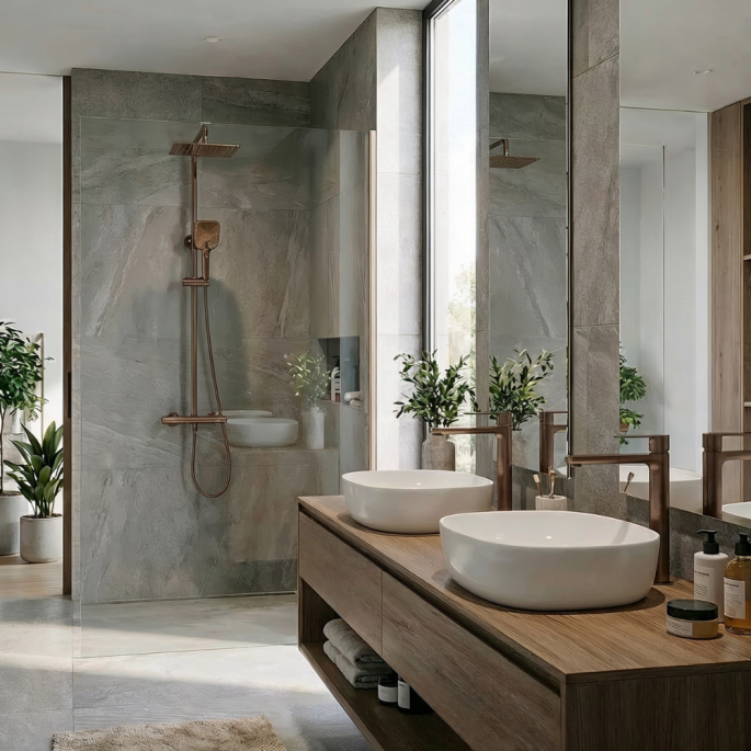 Ensemble 2 mitigeurs lavabo réhaussés + Colonne de douche - Couleur cuivre brossé