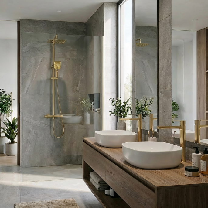 Ensemble 2 mitigeurs lavabo réhaussés + Colonne de douche - Couleur or brossé