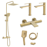 Ensemble 2 Mitigeurs lavabo + Colonne de douche + Mitigeur Bain + Support douchette flexible Or brossé
