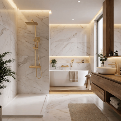 Ensemble 2 Mitigeurs lavabo + Colonne de douche + Mitigeur Bain + Support douchette flexible Or brossé