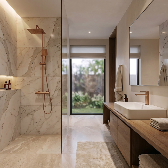 Ensemble mitigeur lavabo + Colonne de douche - Couleur Cuivre brossé