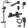 Mitigeur lavabo + Bonde avec trop plein + Colonne de douche + Mitigeur Bain + Support douchette Noir mat